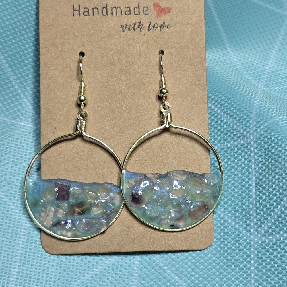 Handmade Gold Hoop Earrings with Aqua & Multicolor Seaglass Inlay